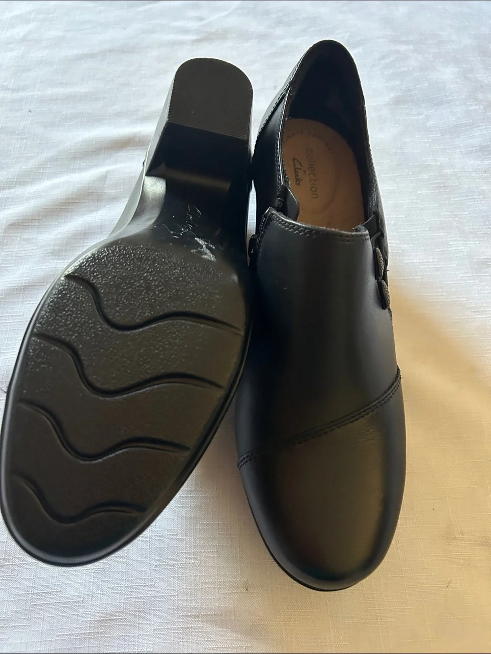 Clarks Black Leather Slip-On Loafers with Side Button Detail